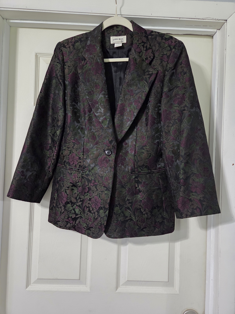 Vintage Jenni Max NYC 90s Floral Brocade Blazer Jacket Purple Green Metallic